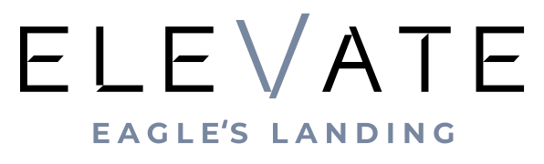 A logo with the word Elevate in black and blue with the words Eagle